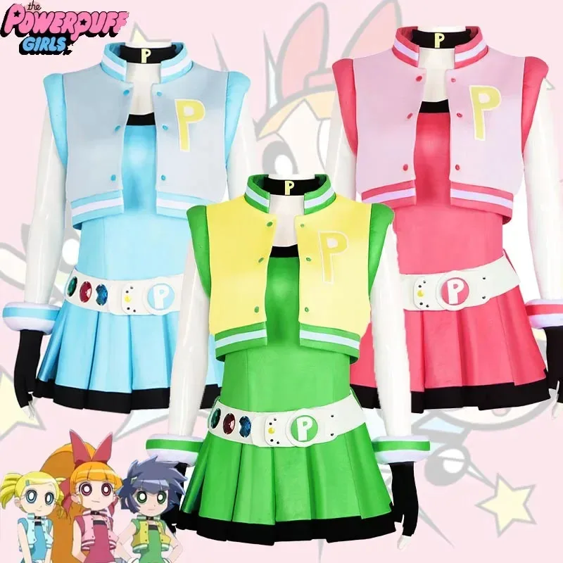 

Powerpuff Girls Cosplay Costume Buttercup Blossom Pink Blue Green Dress Uniform Halloween Party Fancy Suits Role Play for Girls