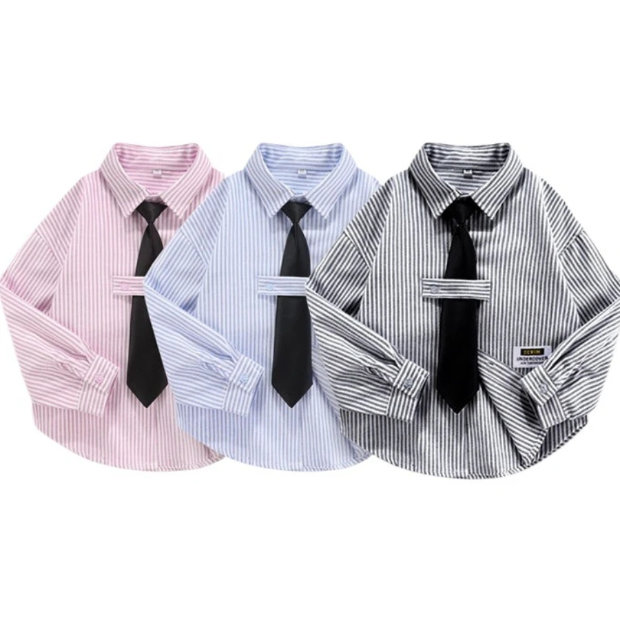 Kids Long Sleeve Striped Shirt with Tie Preppy Style Tops Boys Girls Casual School Uniform Costume Outfit Daily Wear 3-13 Years
