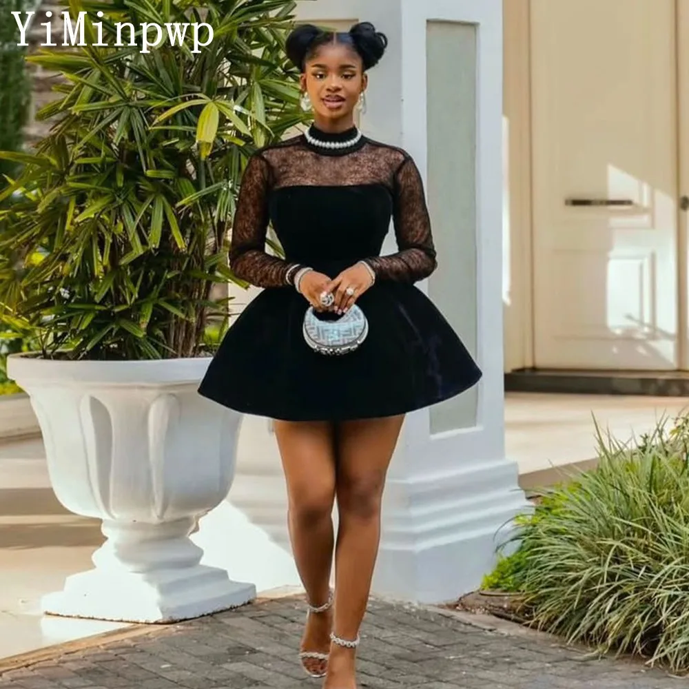

Little Black Dresses for Nigeria Woman Long Sleeve A Line Lace Short Wedding Guest Party Gowns Holiday Birthday Dress Customized