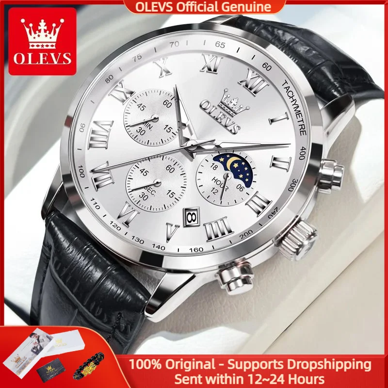 

OLEVS 5529 мужские часы, роскошные оригинальные кварцевые часы, модные простые водонепроницаемые кожаные часы с большим циферблатом, хронограф с фазой Луны, мужские часы