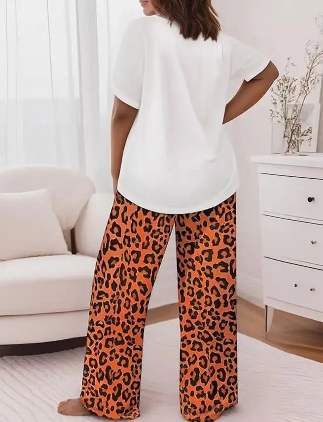 

Halloween Printed Short Sleeved Top and Leopard Print Pants, Two-Piece Set with Pockets