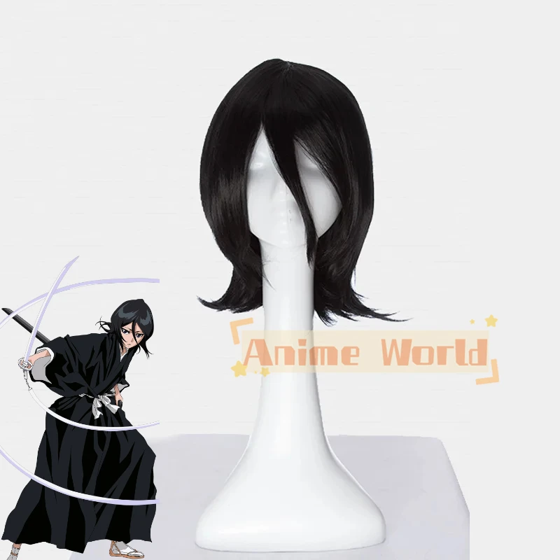 Hot Kuchiki Rukia Cosplay Wig Black Short Curly Heat Resistant Synthetic Hair Halloween Costume Anime Party Wigs+ Wig Cap