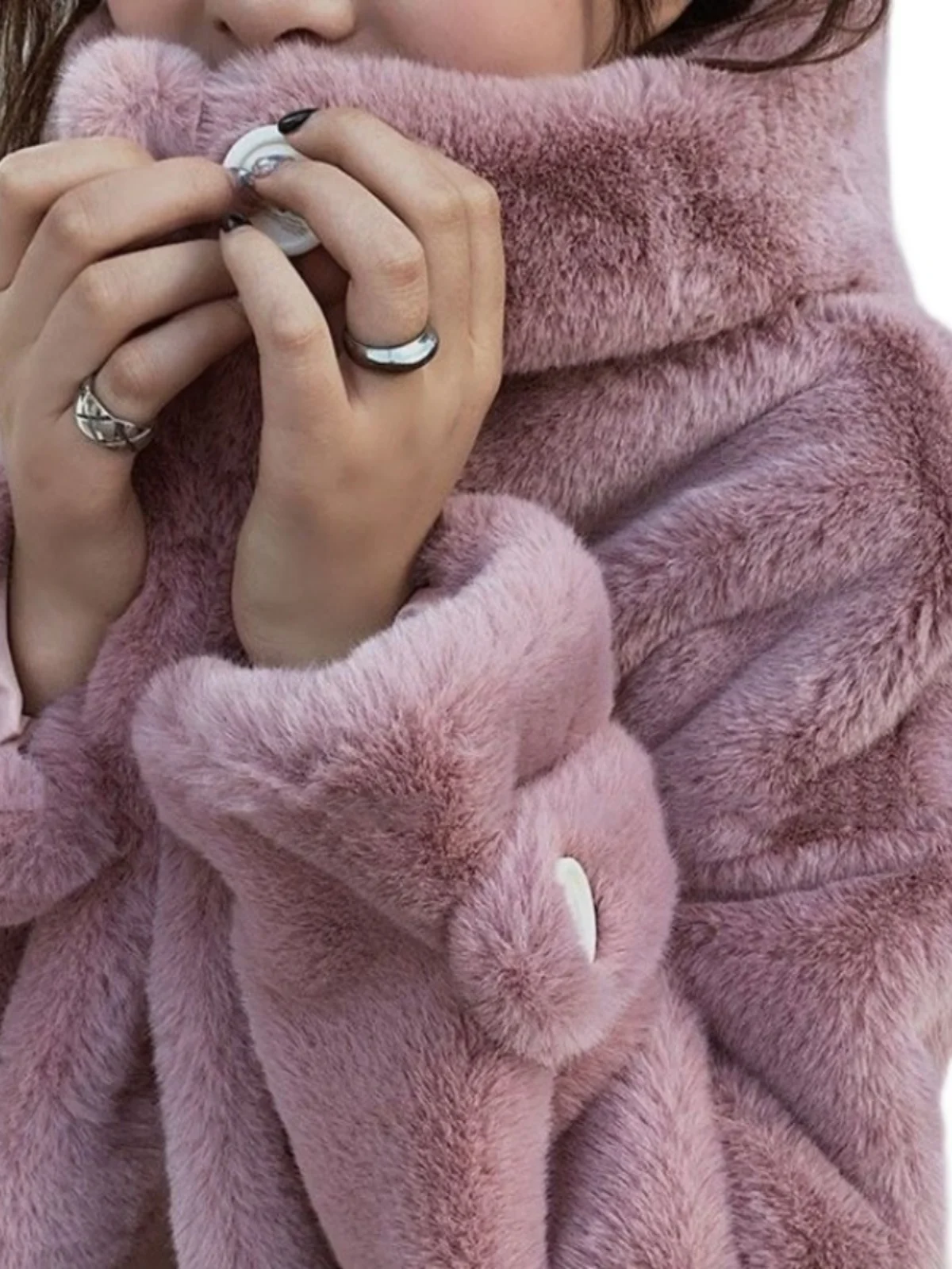 韓国スレウォーターラビットファーカラー付きフェイクファーコート冬新作レディースミディアム丈大きいサイズコート