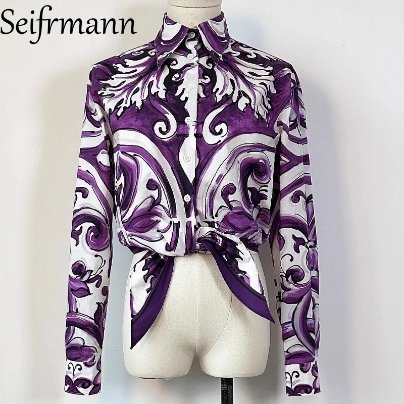 เสื้อผู้หญิงเซฟร์มันน์ เอลิแกนท์คอปกพับได้กระดุมแถวเดียวแขนยาวแฟชั่นพิมพ์ลายเสื้อผ้าฝ้าย