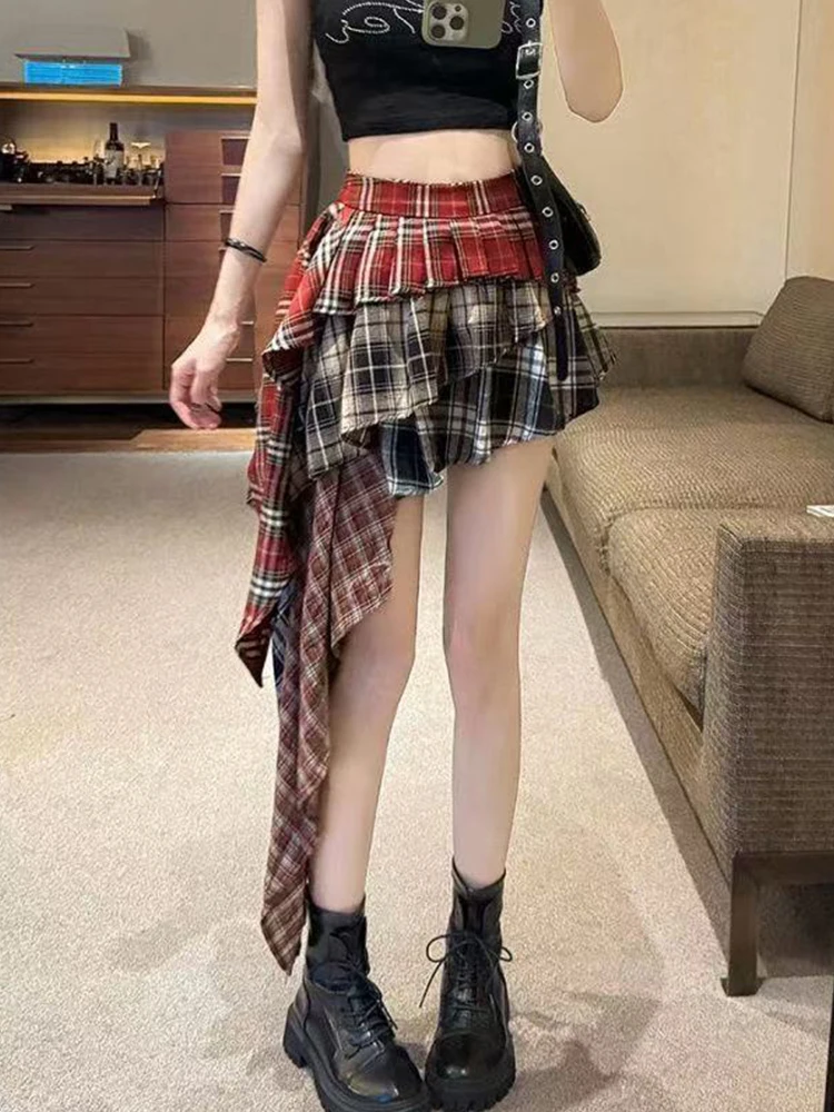 Design Sensation Plaid  Midi Skirt Women's 2025 Summer New Irregular Color Block A-Line Skirt Ins Style Half-length