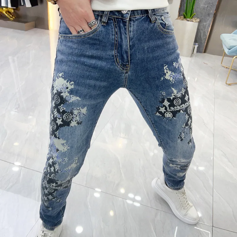 Contrasting Check Print Pattern Jeans Mens Trend Designer Jeans Masculina European Streetwear Fashion Jeans Hombre Denim Jean