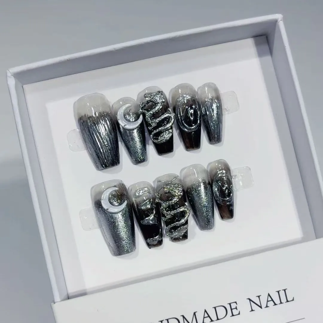 

10PCS Handmade Gothic Silver Dragon Nails Coffin Press on Nails 3D Baroque Gem Chain Design Luxury Elegant False Nails for Women