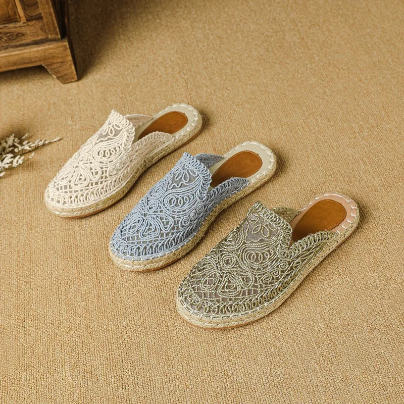 

Flat Shoes Female Slippers Women Summer Slides Fretwork Heels Loafers Cover Toe Fabric Rubber PU Scandals Cotton Round Slippers