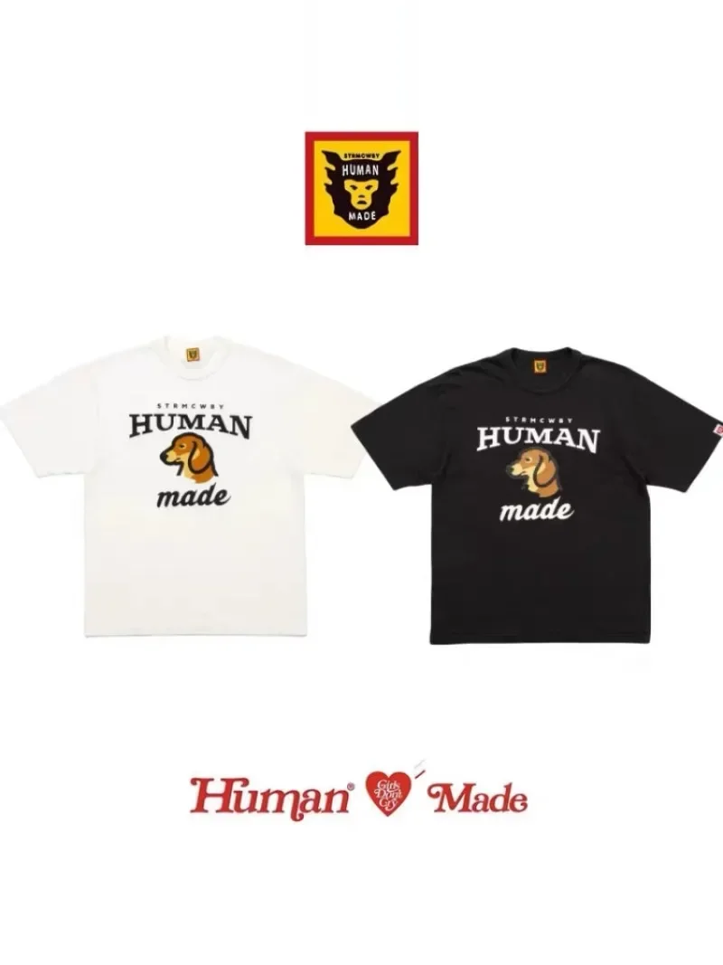 Human Made Style Dachshund Print Slub Cotton T-Shirt, Casual Tee for Unisex