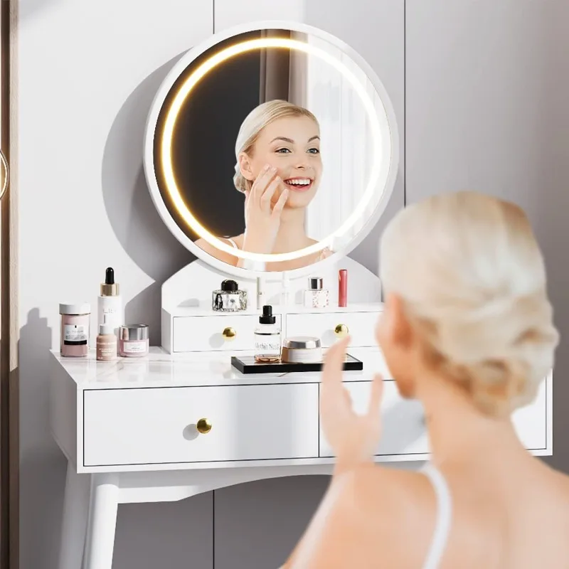 Vanity Set with Modern Desktop, Soft Cushioned Stool, 4 Storage Drawers, 3 Colors Mirror Brightness Adjustable (White)