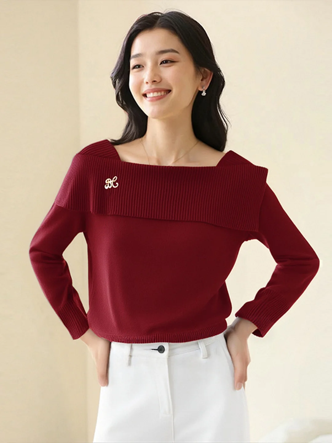 

Chivirin Red Knitted ort oulder Sweater Square Collar New Year Spring Autumn Women's Faion Warm Pure Color One Word o...