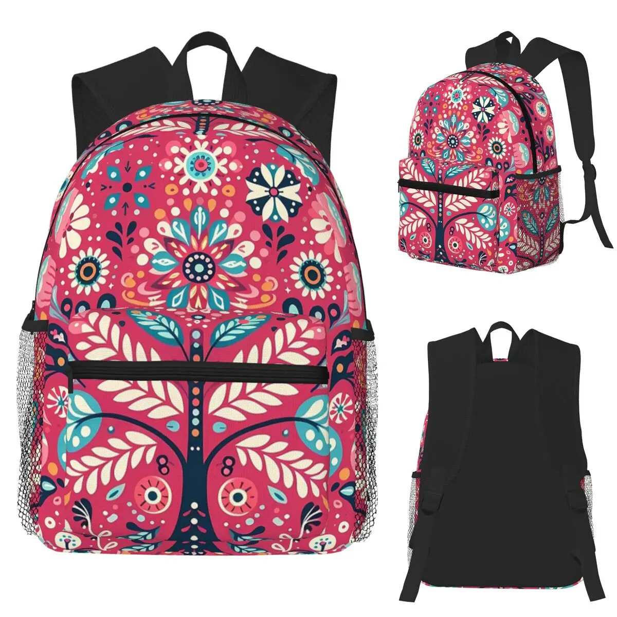 

Colorful Red And Teal Spring Folk Tree Student Backpack School Bag Hiking Travel Daypack for Men Women Bookbag Shoulder Bags