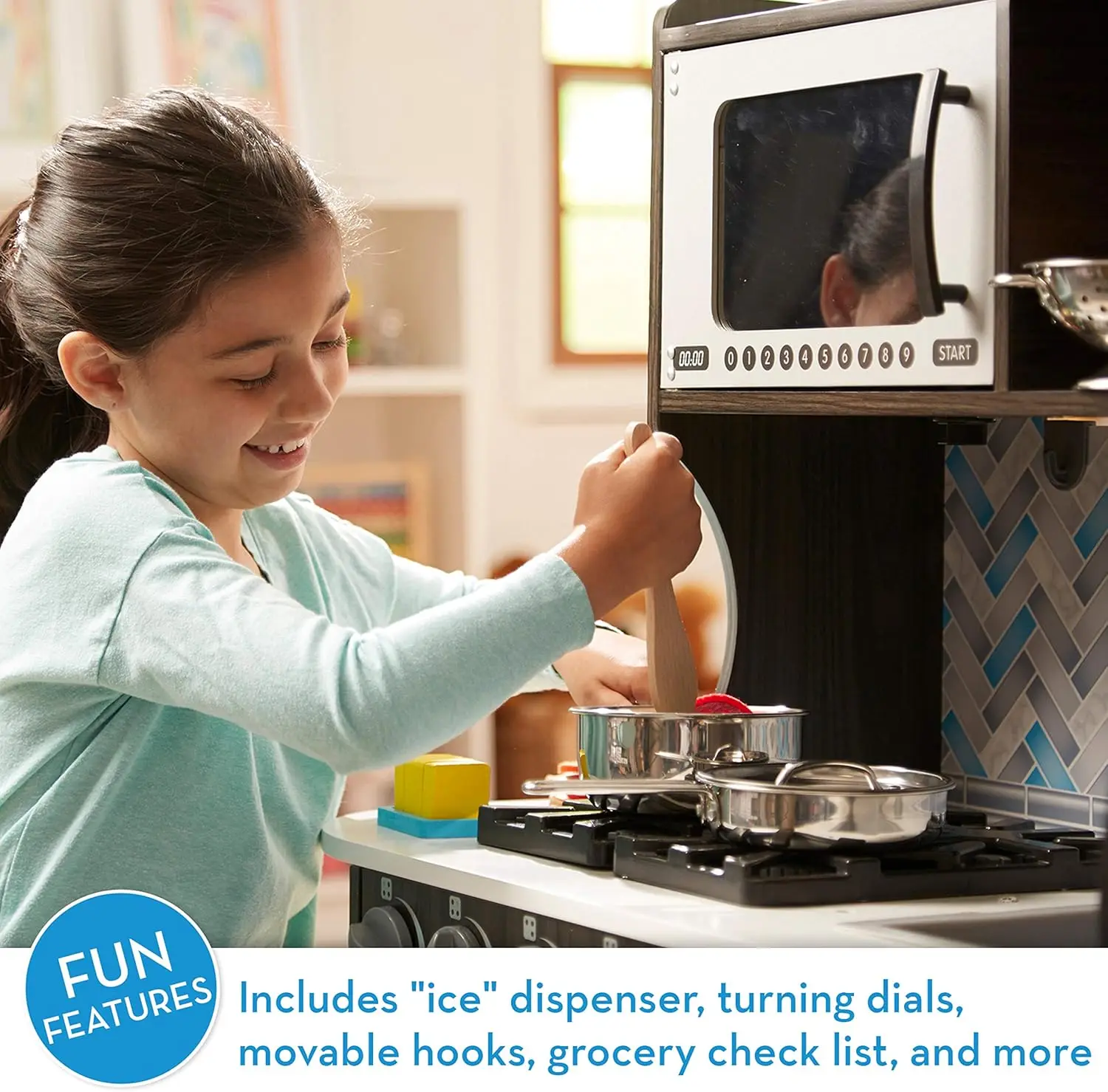 Ensemble de jeu de cuisine en bois pour les tout-petits, jouet de simulation de chef, distributeur de cubes de glace, gris charbon de bois