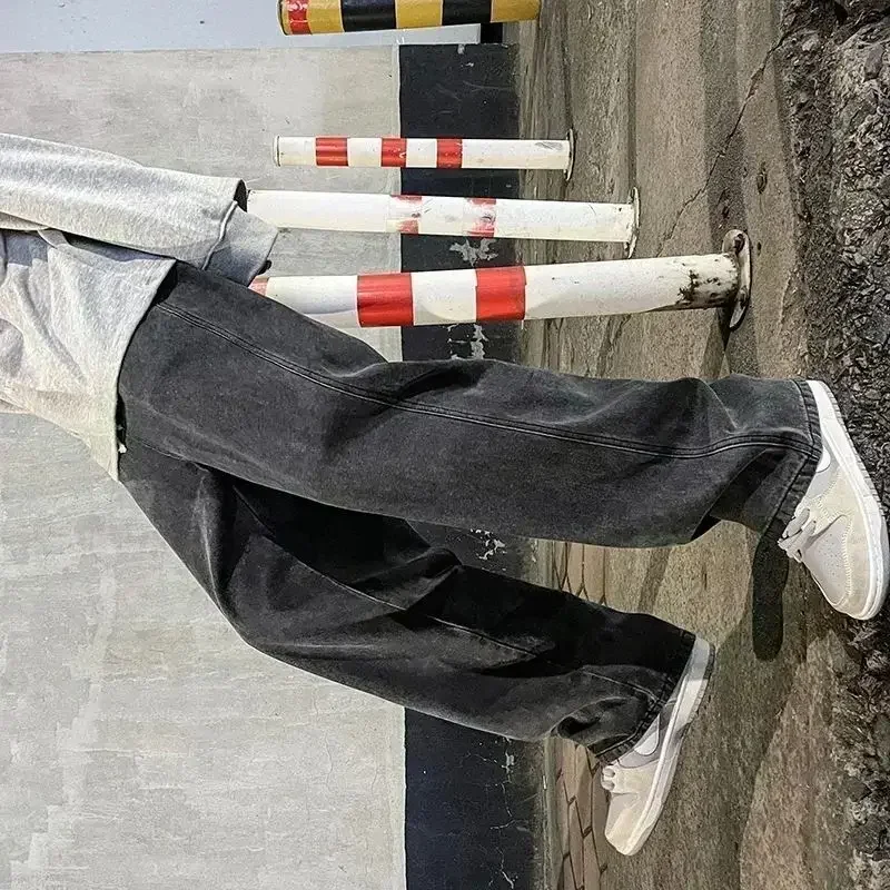 

2025 New Korean Men's Casual Long Jeans Classic Man Straight Denim Wide-leg Pants Solid Color Light Blue Grey Black