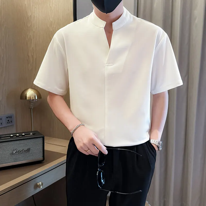 

Летняя однотонная рубашка-пуловер с воротником-стойкой, мужская тонкая дышащая рубашка в стиле ретро, свободная повседневная рубашка с коротким рукавом, мужская одежда
