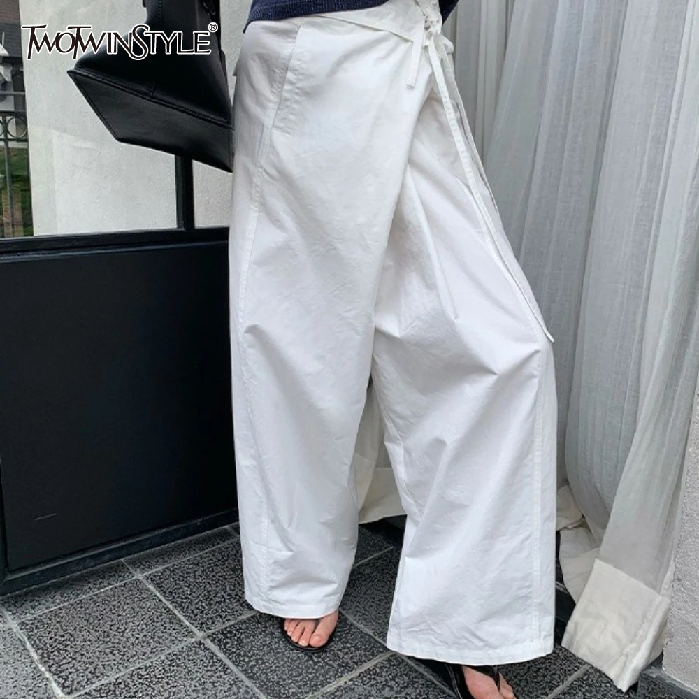

TWOTWINSTYLE White Spliced Lace Up Trousers Female High Waist Loose Temperament Women's Wide Leg Pants Summer Style Fashion New