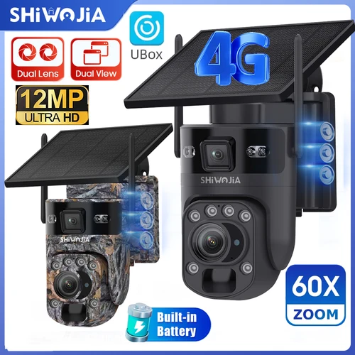 Cámara Solar SHIWOJIA con Zoom 60X, 4G SIM/WIFI, 6K 12MP, Pantalla Dual, Batería, Cámara PTZ, Monitor PIR, Visión Nocturna, Grabación