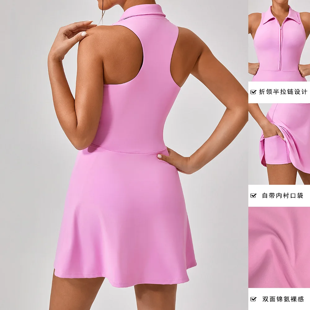 Summer Tennis Dress with Shorts Pocket Golf Wear Women Badminton Zipper Slim Fit Outfit Running Training Active Wear Pink 2024