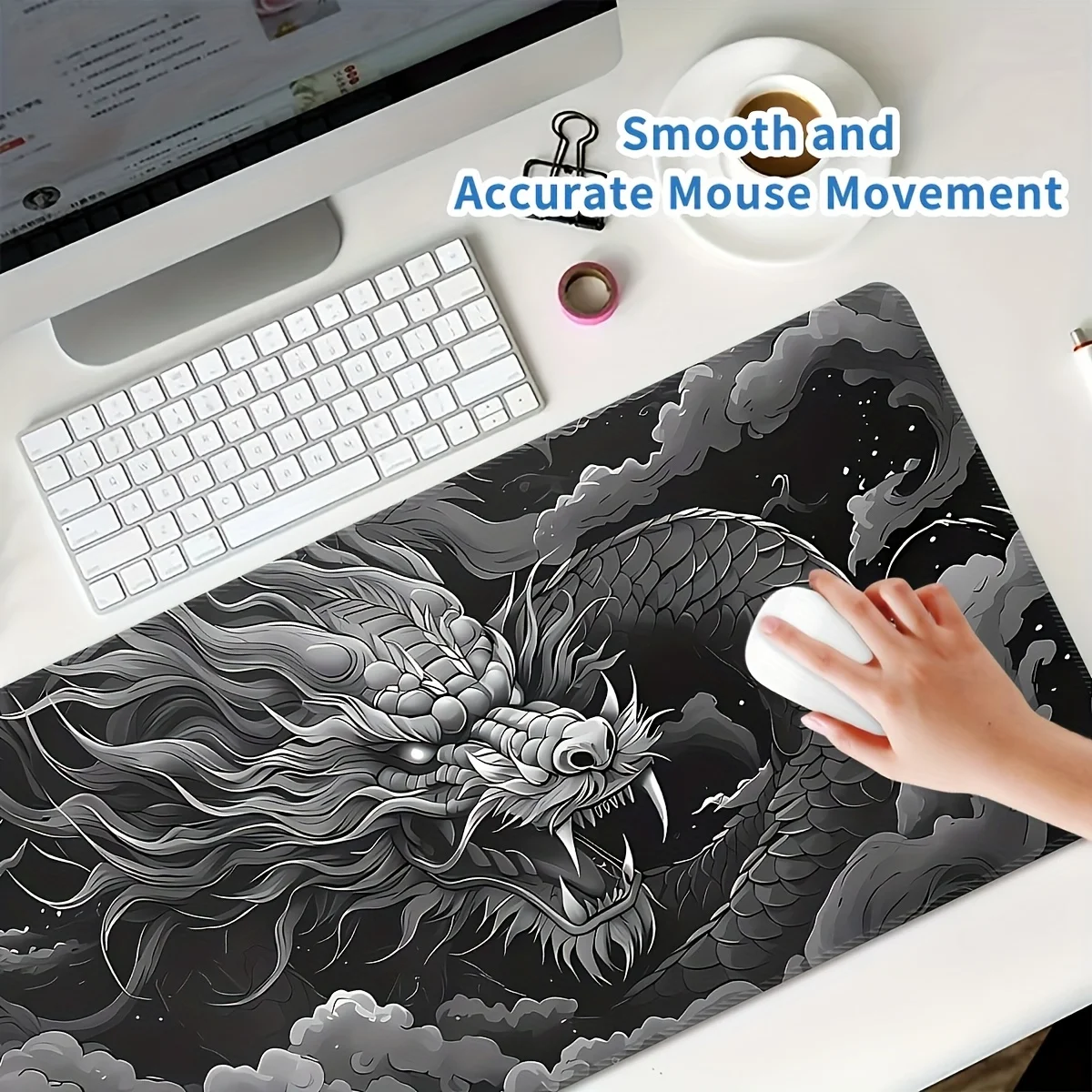 Mouse Pad Large Dragon Gaming Desk Mat Monochrome Design with White Black playmat Washable Office Non-Slip Keyboard Computer pad