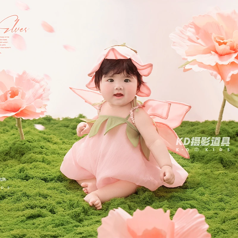 Disfraz de Hada de Flores para Bebé de 1 Año, Vestido de Elfo Rosa con Alas, Conjunto para Fotografía de Recién Nacidos con Accesorios de Flores Artificiales