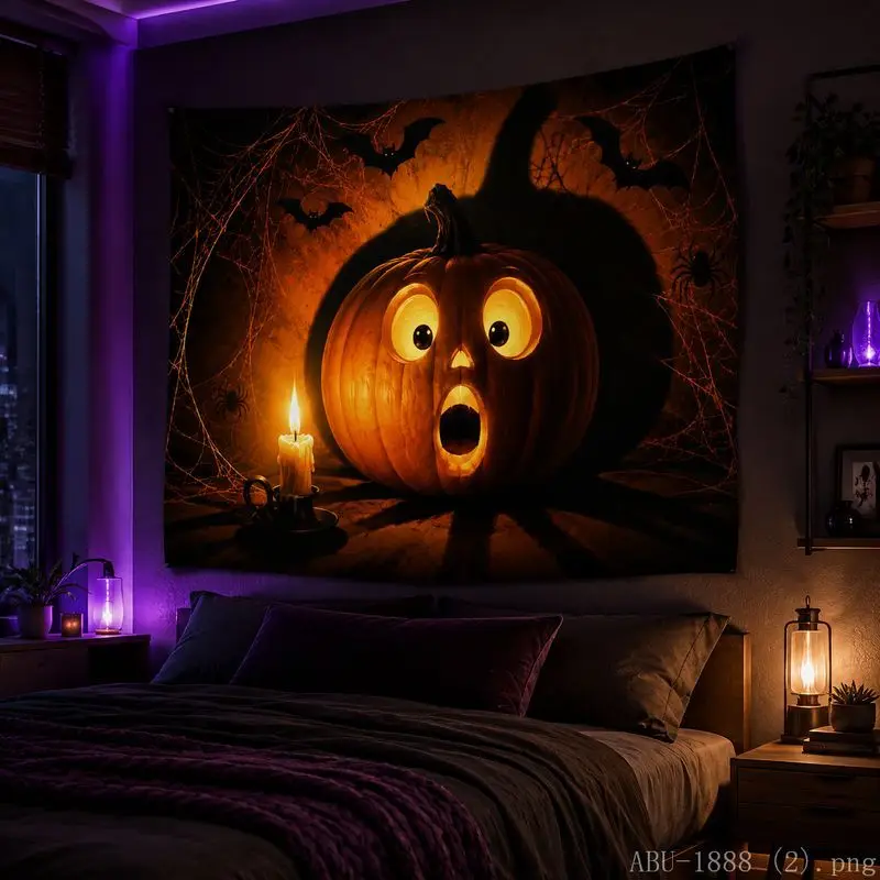 VIKAMA Halloween Cute Surprised Pumpkin Bat Tapestry, Gothic Maple Leaf Wall Hanging for Bedroom, Spooky Party Wall Decor