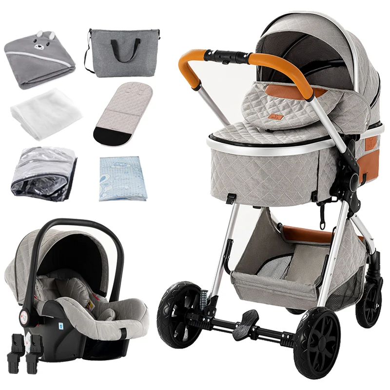 Luxe 3-in-1 babykinderwagen, kinderwagen en kinderwagen met afneembare reiswieg, gladde wielen en achterstel in meerdere hoeken