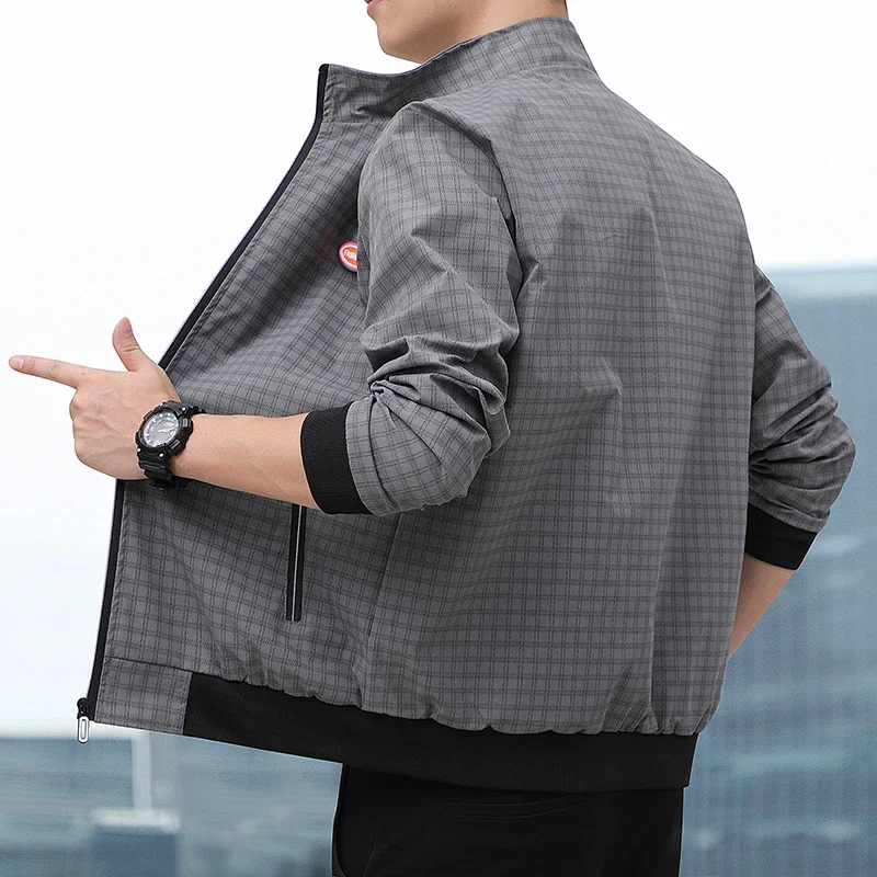 New Plaid Jackets for Man Stand Collar Spring Autumn Fashion Men Jackets Zip-up Riding Casual Male Clothes