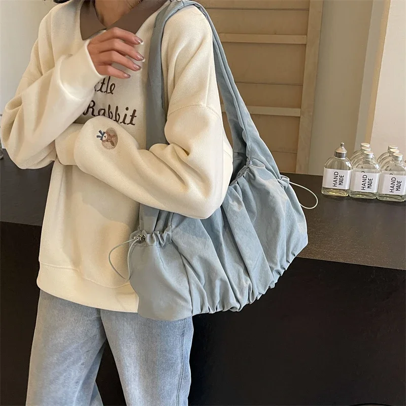 Folding Ultra Light Large Capacity Simple Commuter Ladies Shoulder Bag Solid Color Leisure Students Gentle Cute Light Handbag