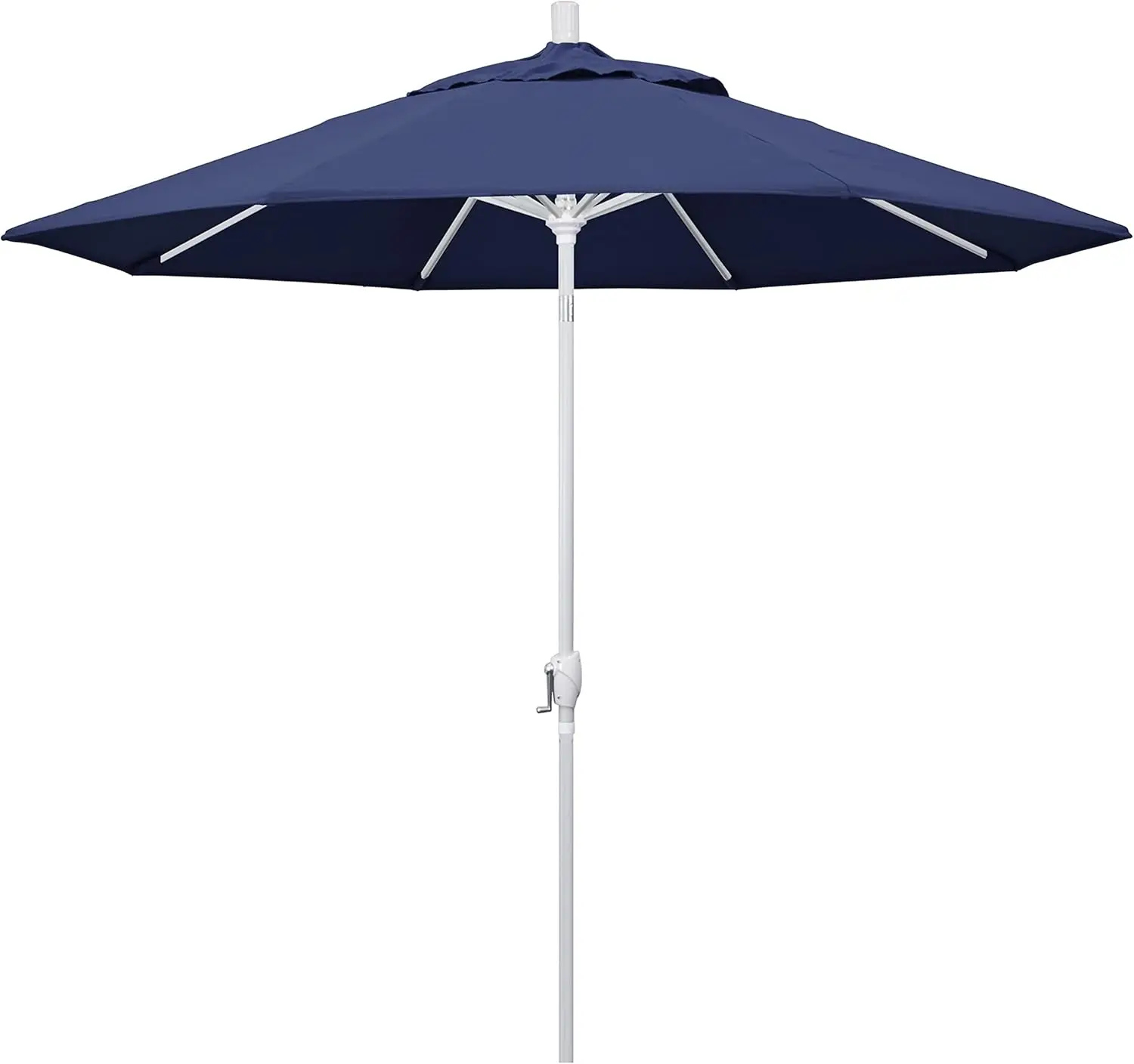 California Umbrella 9' Round Aluminum Market Umbrella, Crank Lift, Push Button Tilt, White Pole, Navy Blue Olefin