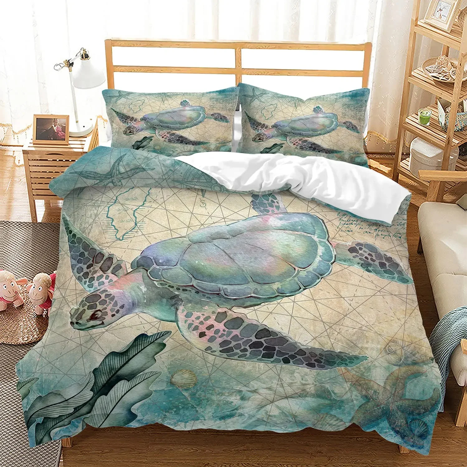 Sea Animals Duvet Cover Set Turtle Print Bedding Sets Queen Size 3D Gorgeous Luxury Comforter Cover Set Marine Life Quilt Cover