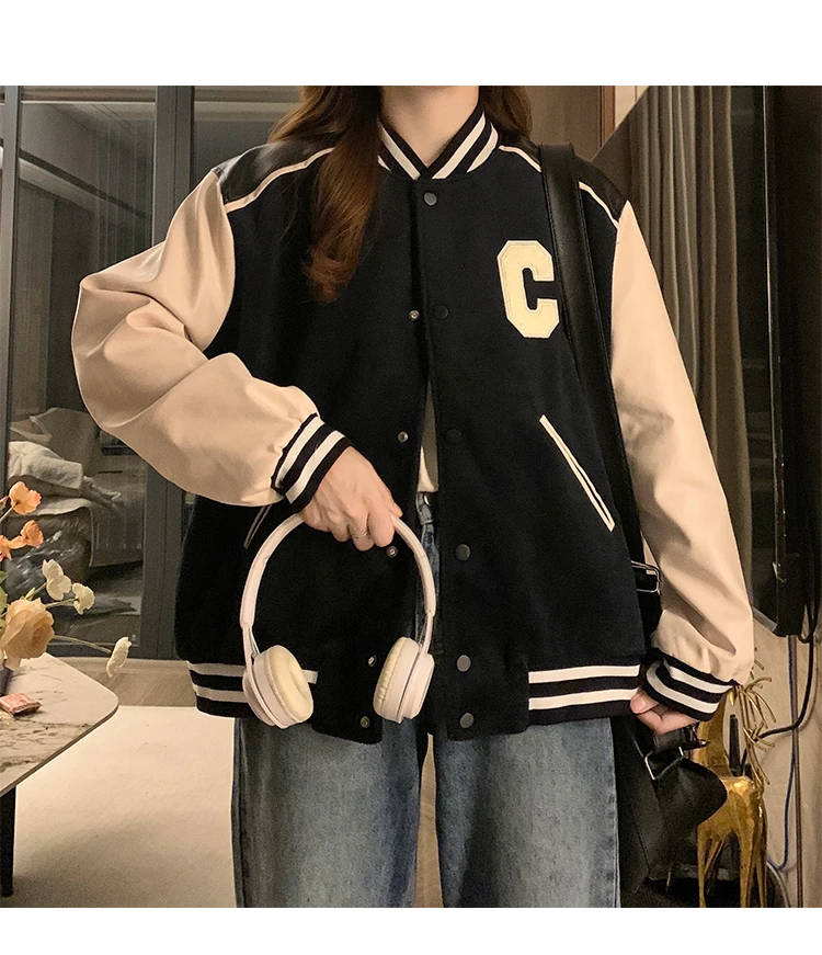 Korean Women's Kpop Grid Baseball Jacket side profile demonstrating precise slim-fit tailoring and grid pattern texture