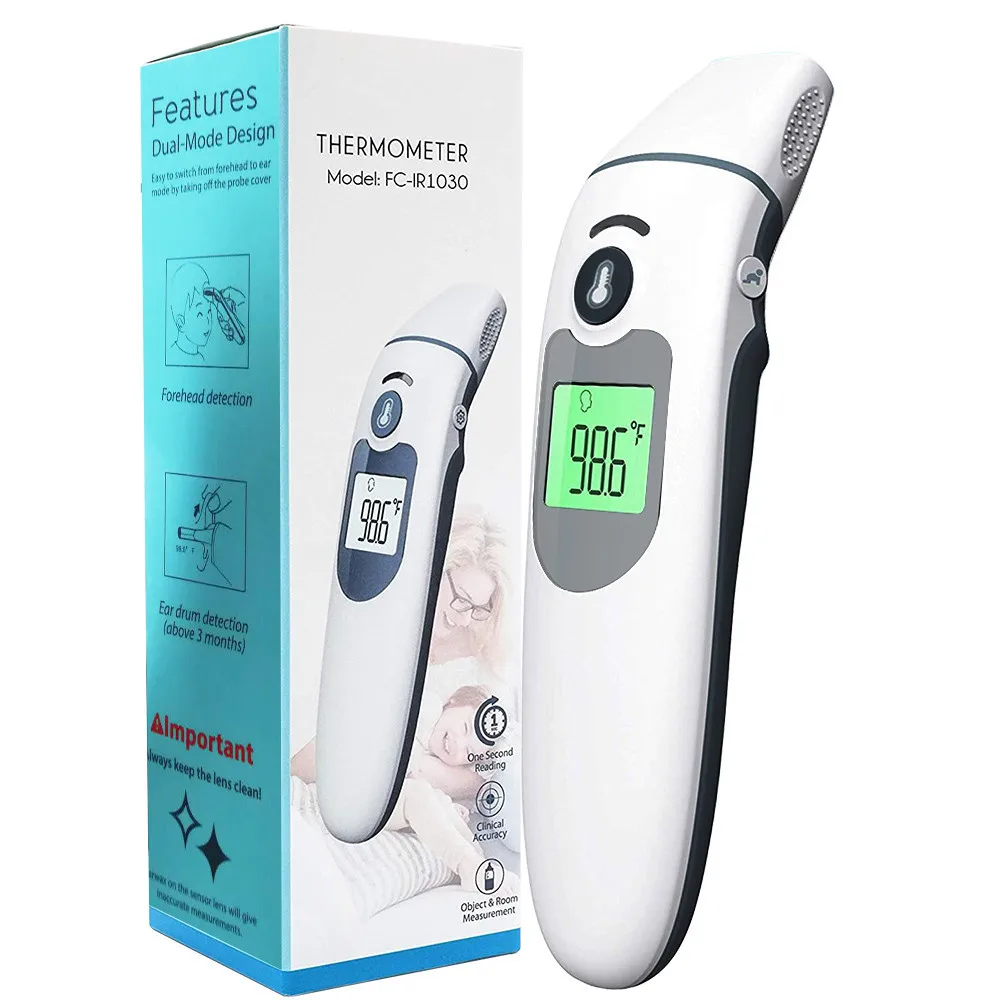 English baby non-contact infrared thermometer, medical forehead thermometer and ear thermometer, fever alarm ℉/℃ switch, FDA CE