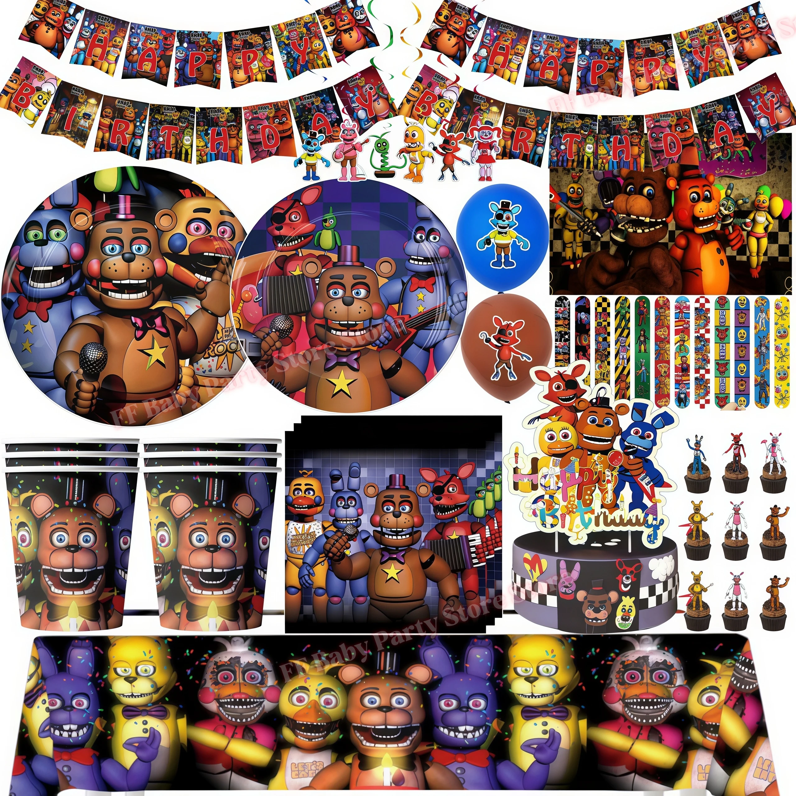 Decoraciones para Fiesta de Cumpleaños de Five Nights at Freddy's, Platos, Vasos, Fondo, Globos de Freddy para Niños, Recuerdos de Fiesta, Artículos para Eventos FNAF, Regalos