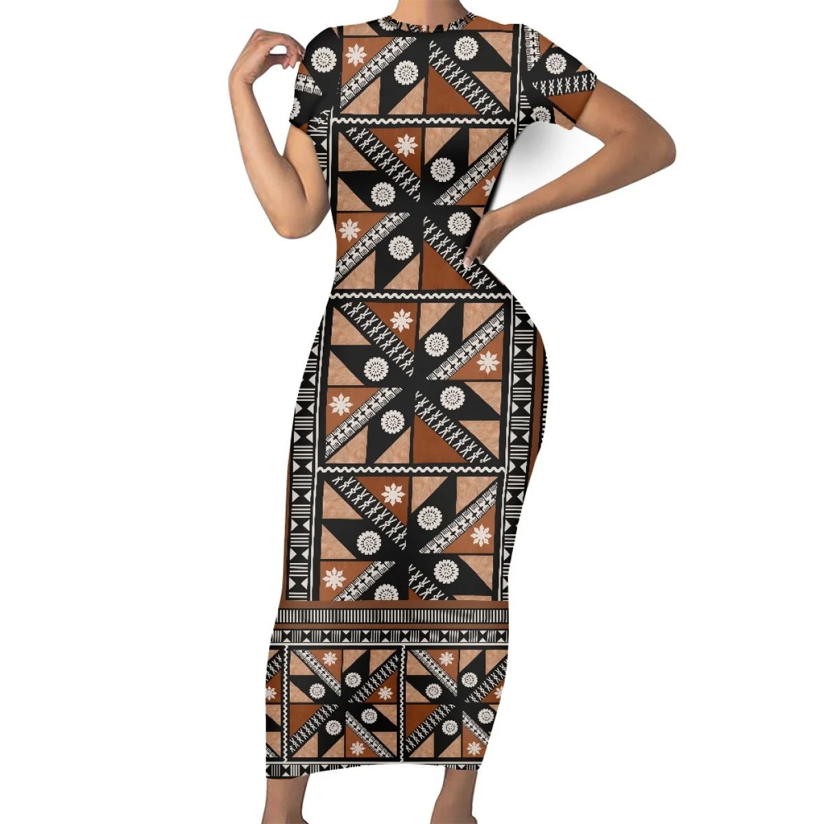 Casual Summer Short Sleeves Dress Polynesian Tribal Samoa Hawaiian Fiji Clothing Tapa Print O-neck Bodycon Islands Maxi Dresses