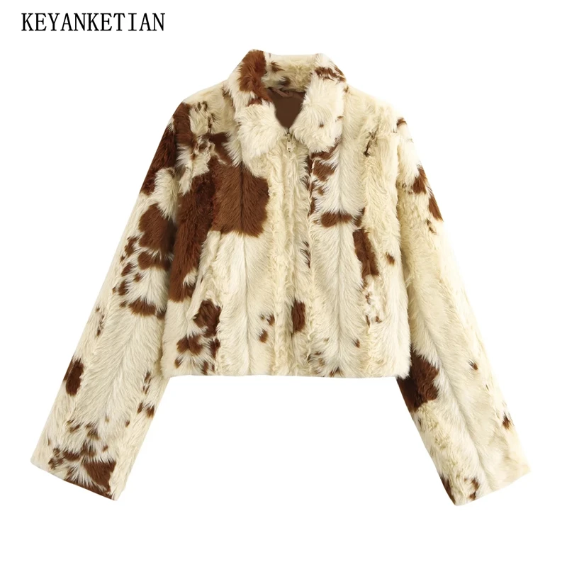 KEYANKETIAN Winter New Women's Animal Print Imitation Fur Coat Street style Zipper Loose Thick Cropped Blazer Pockets Greatcoat