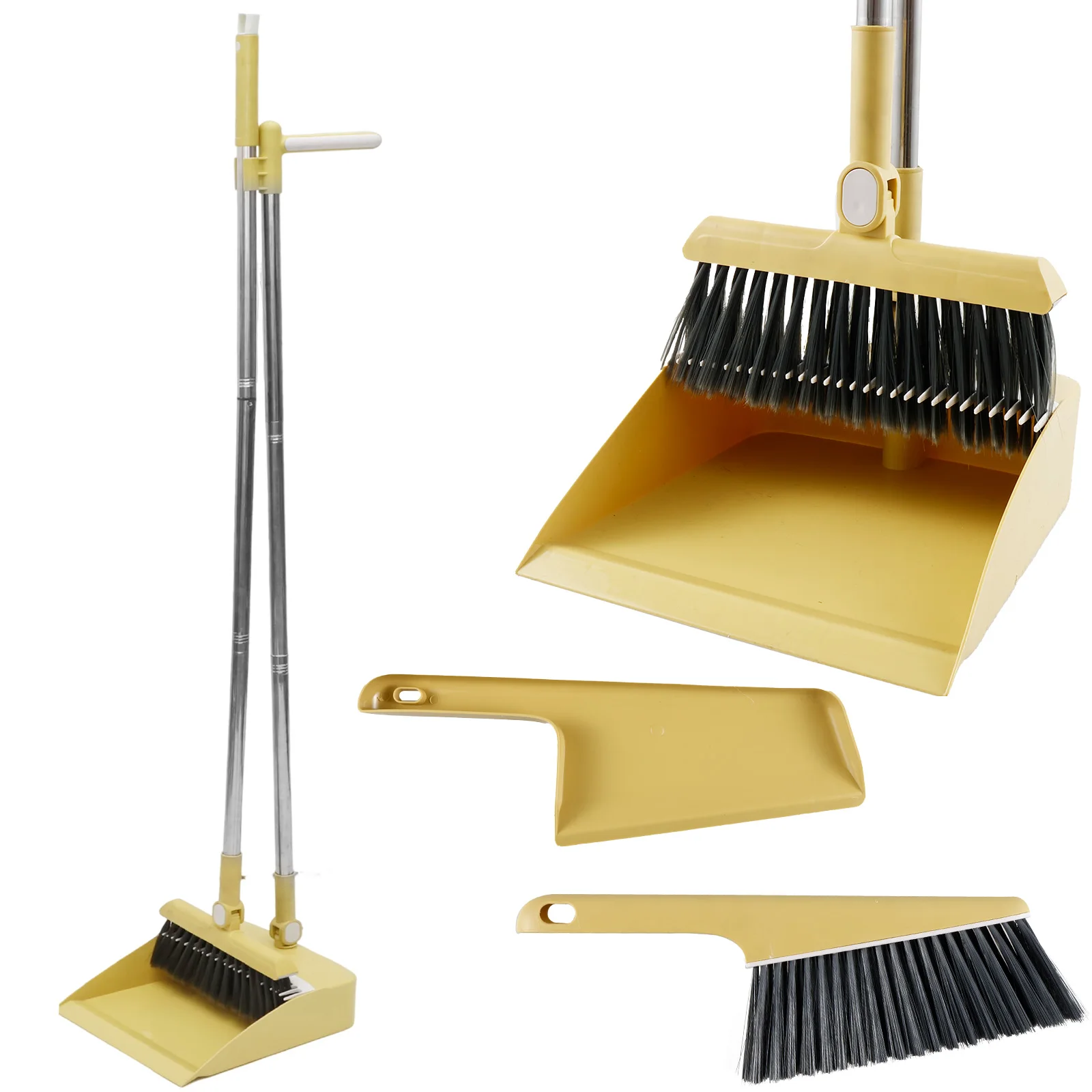 4Pcs Broom and Dustpan Set with Long Handle Stainless Steel Broom Dustpan Combo with Desktop Cleaning Brush Set 51.2 Inch