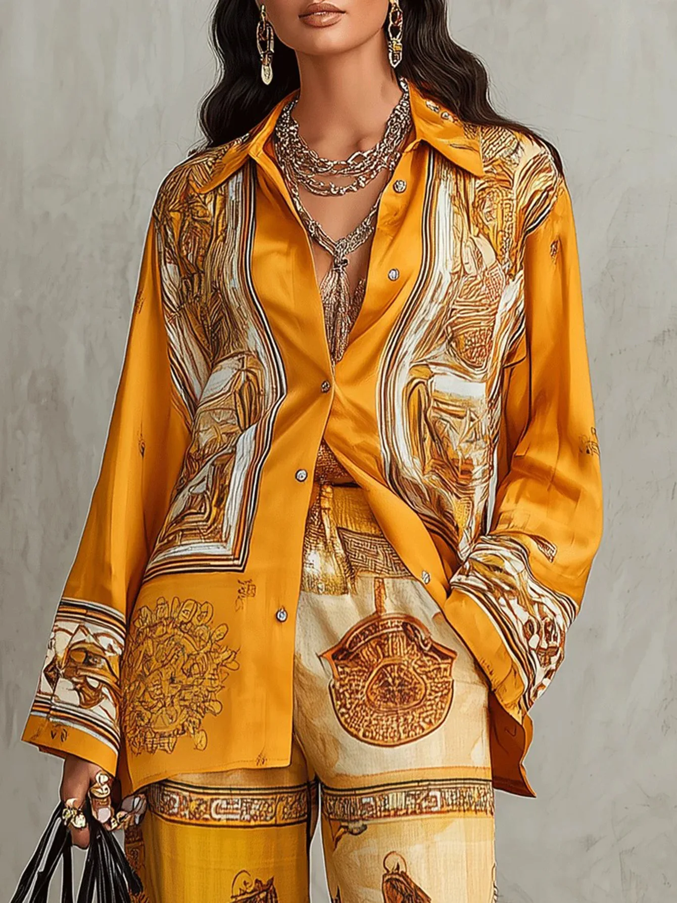 Vintage Women Satin Two‑Piece Set Horse Graphic Print Lapel Long Sleeve Shirts with Wide Leg Trousers Elegant Casual Outfit Suit