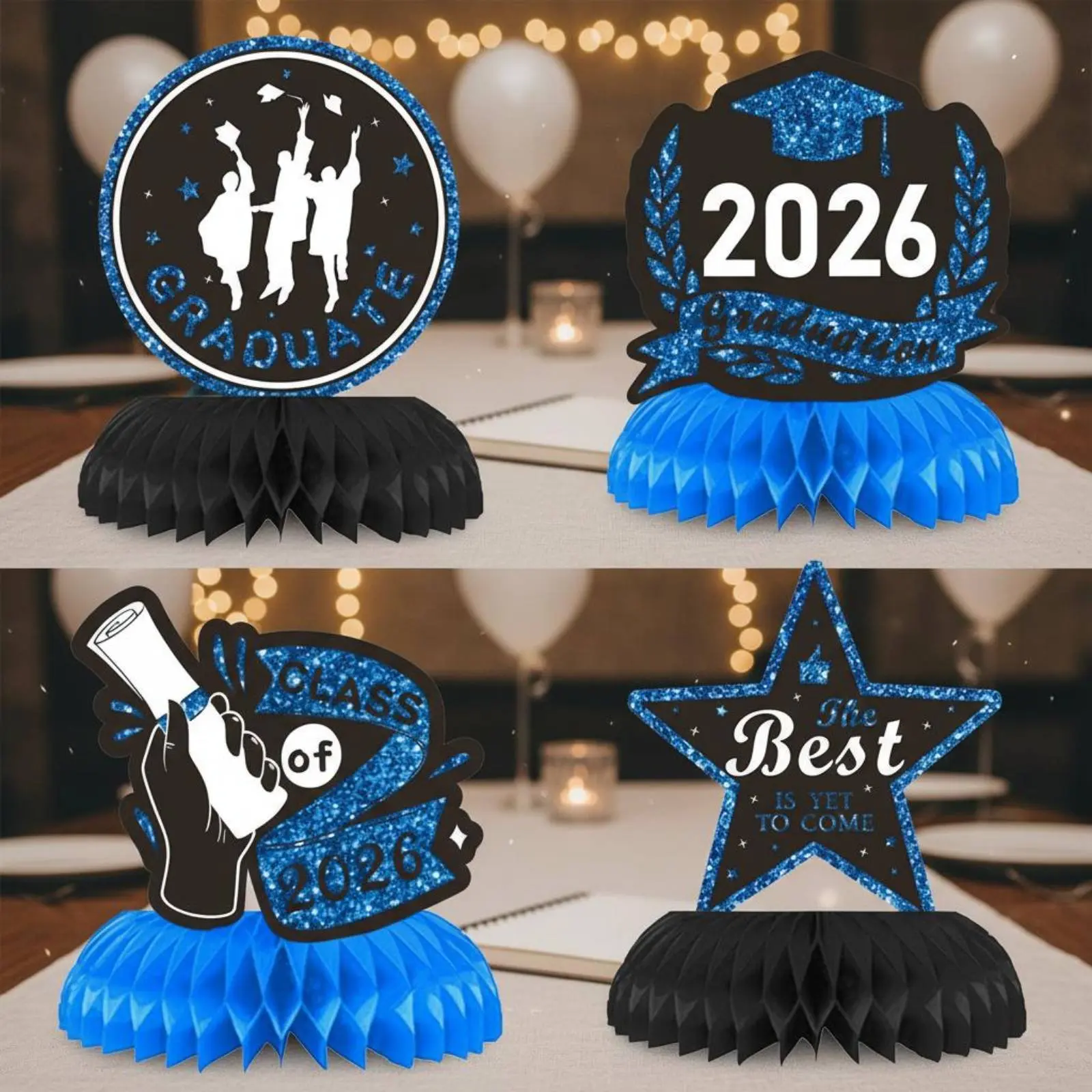 Picture 6: 4 Pieces 2026 Commencement Table Topper Glitter Decorations Commencement Hexagonal Centerpiece for Students, School Event