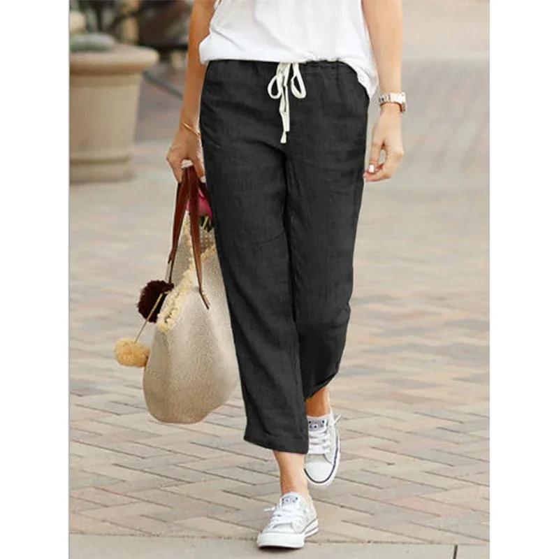 TUSHANGGE Solid Color Drawstring Elastic Waist Women Long Pants Plus Size Pockets All-Match Comfortable Straight Lady Trousers