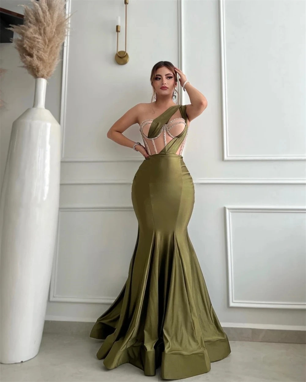 Hochwertige, maßgeschneiderte, formelle Satin-Pailletten, gerüschte Meerjungfrau-Abendkleider mit einer Schulter, lässig, schlicht, Retro-Mode, elegant, Ex