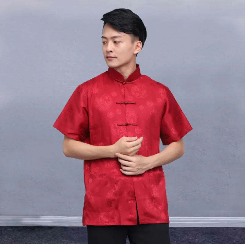 Wholesale Chinese Style Men High Quality Satin Short Sleeved Shirt Embroidered Dragon Tang Clothing Casual Kung Fu Tops Shirts