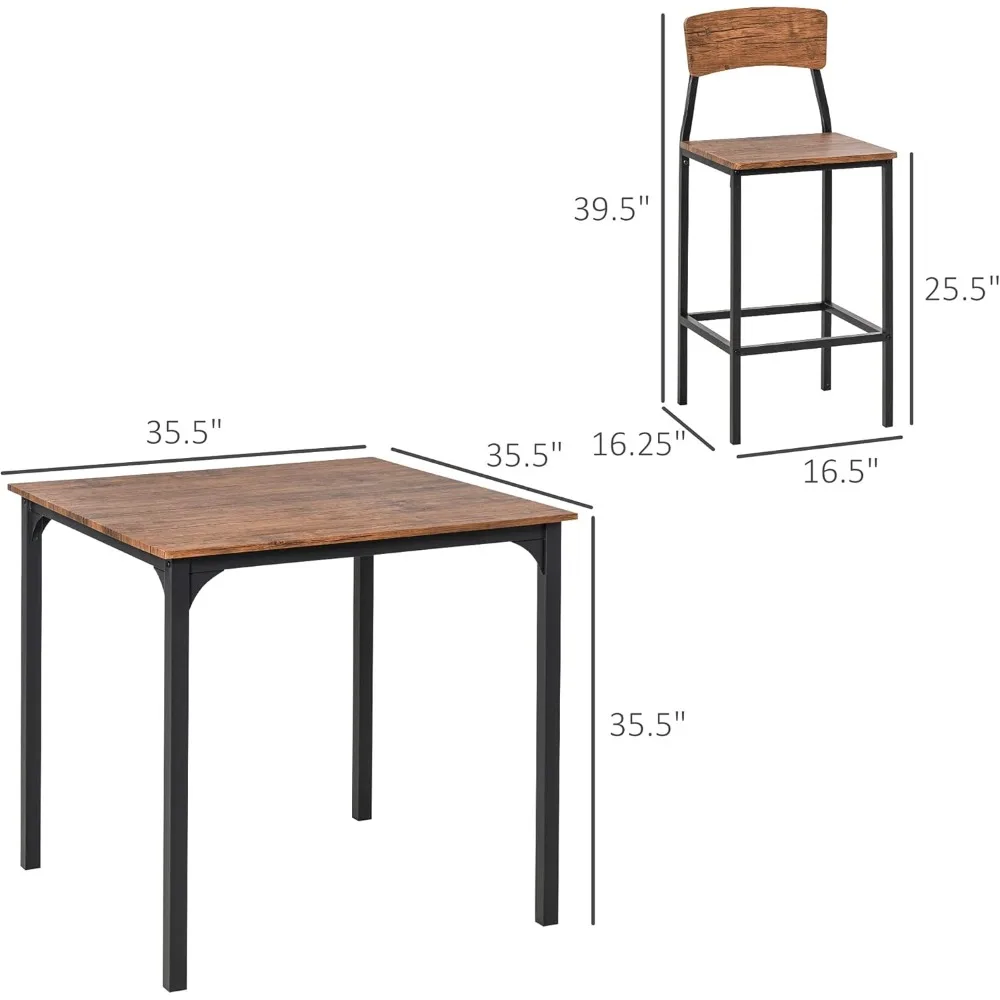 Counter Height Bar Table Set for 4, Square Kitchen Table and Chairs Set with Footrest, Metal Legs, Industrial Dinner Table Set