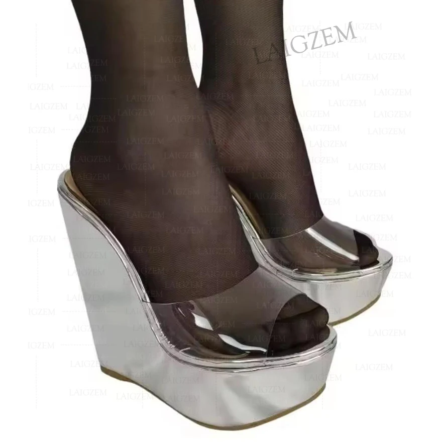 Yapo Women Pumps Platform Wedges Clear PVC High Heels Sandals Peep Toe Mules Slip On Ladies Shoes Woman Plus Size 38 42 45 50 52