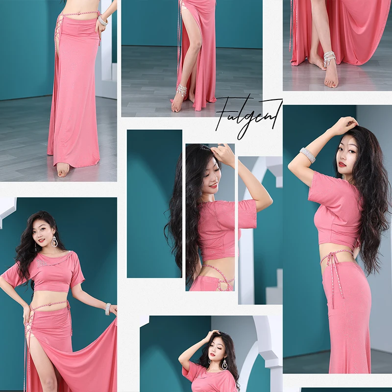 ชุดเต้นระบำหน้าท้องเซตเสื้อและกระโปรง2ชิ้นสำหรับผู้ใหญ่ผู้หญิงชุดทำงานเวทีชุดฝึกส่วนตัว