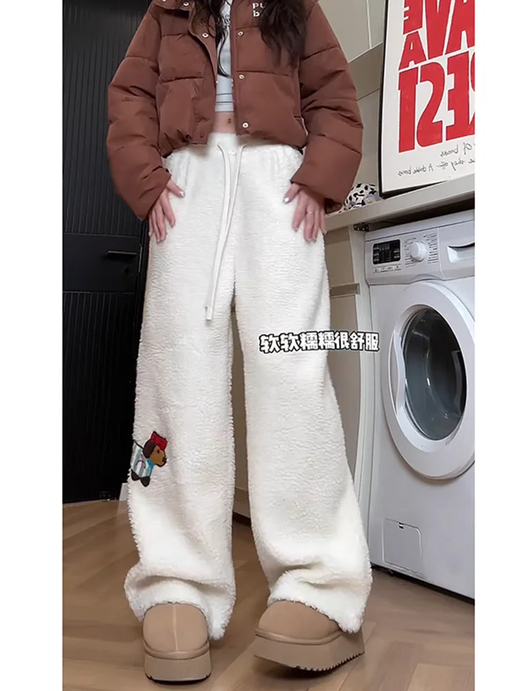 

Зимние хлопковые брюки из овечьей шерсти с вышивкой щенка для мужчин и женщин, толстые, теплые, свободные, универсальные брюки