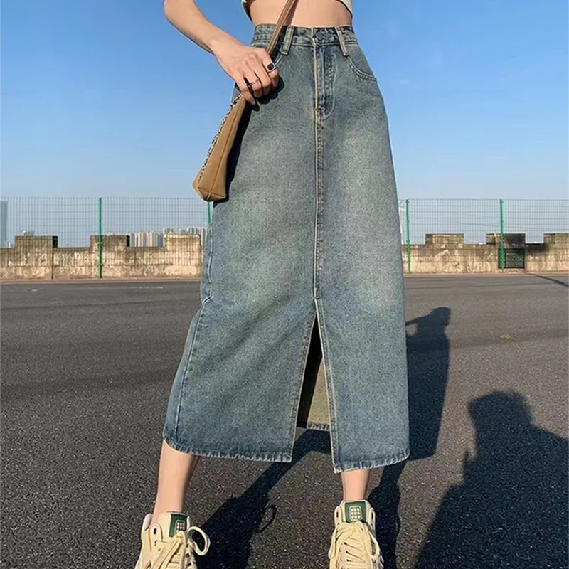 Summer New High-waist Slit Denim Skirt For Women Washed Retro A- line Skirt Hip-covering Straight Long Skirt