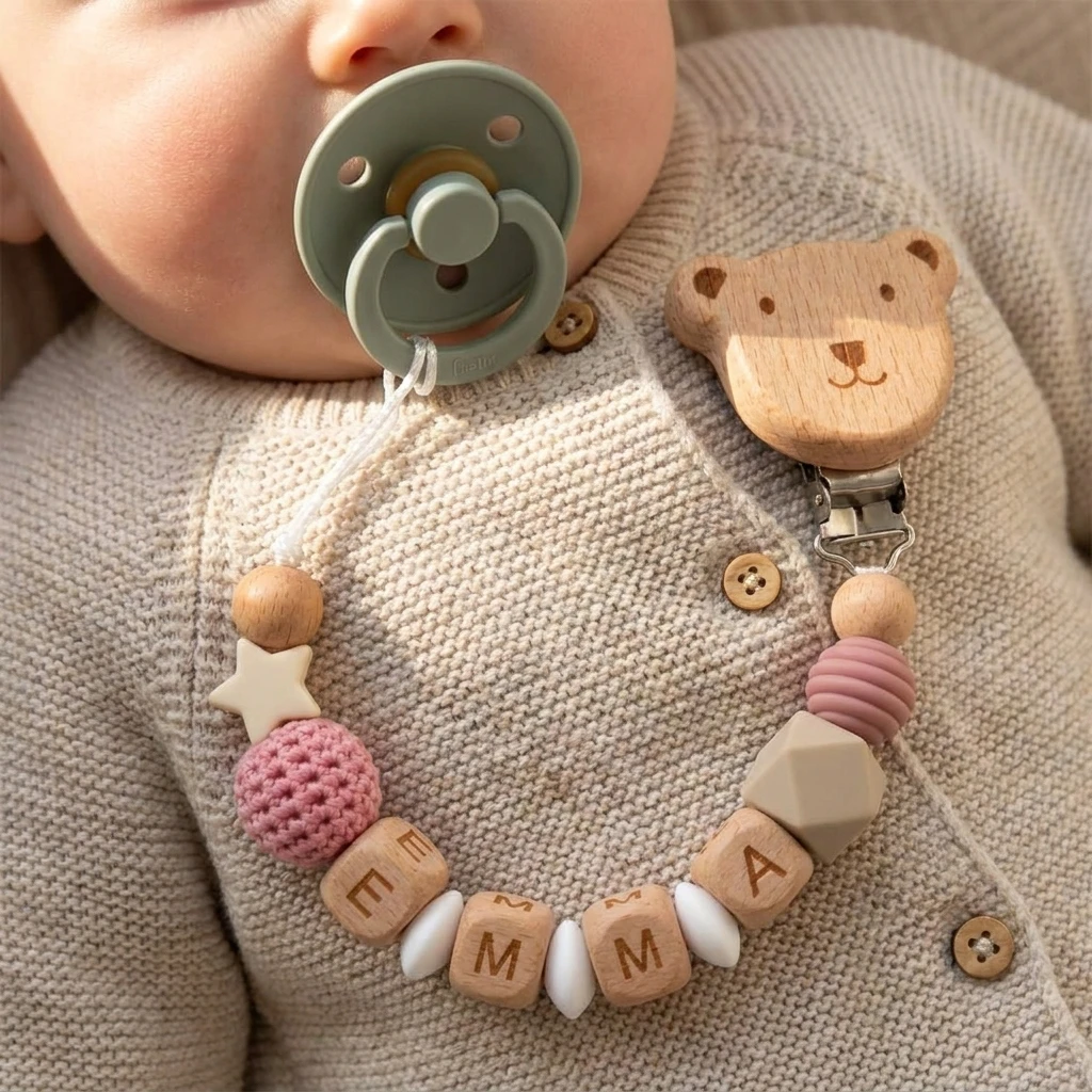 Custom Name Pacifier Clip Wooden Bear Baby Dummy Holder Personalized Beaded Pacifier Chain Pink Crochet Ball Star Newborn Gift