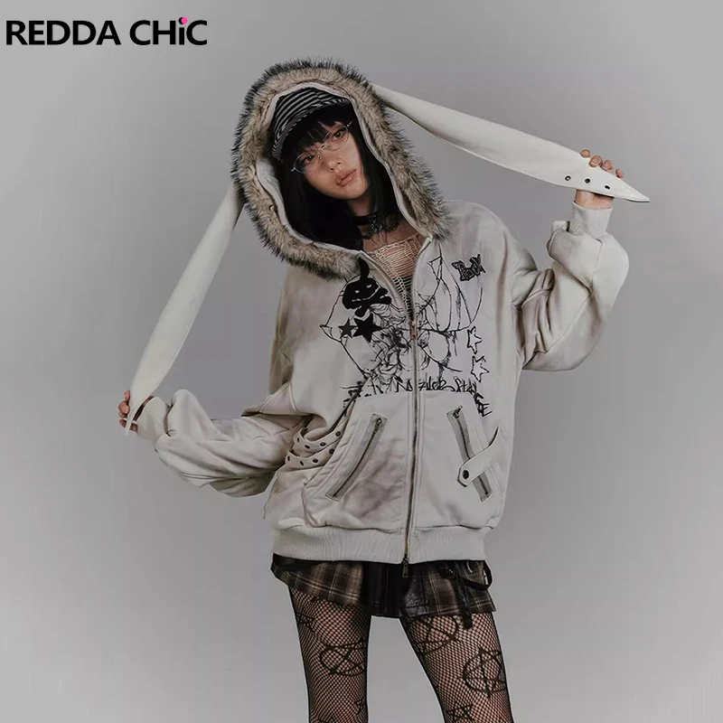 เสื้อฮู้ดดี้ลายกระต่ายน่ารักสไตล์ REDDACHiC สำหรับผู้หญิง ผ้าฟลีซหนานุ่ม ซิปหน้า แต่งลายกราฟิก สไตล์กรันจ์ Y2k เสื้อผ้าแนวอีสเทติก
