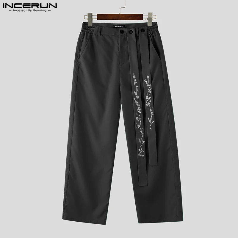 INCERUN 2024 Men Pants Printing Belt Korean Style Button Loose Casual Trousers Men Joggers Streetwear Male Straight Pants S-5XL