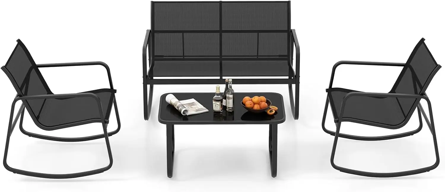 Tangkula-Patio Rocking Set with Glass-Top Table, móveis lisos, 2 cadeiras de balanço, Loveseat, 4 pcs